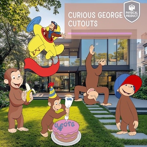 May include: Curious George cutouts featuring the beloved monkey in various poses. One cutout is in a yellow airplane, another is holding a banana, and a third is decorating a pink birthday cake. The text "Curious George Cutouts" is displayed.