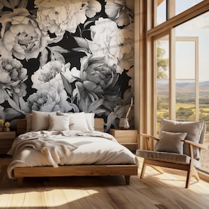Black and White Peonies, Peel and Stick Wallpaper, Removable Watercolor Floral Mural, Self Adhesive, Dark Floral Wallpaper,Nursery Wallpaper