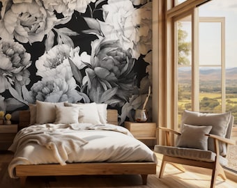 Black and White Peonies, Peel and Stick Wallpaper, Removable Watercolor Floral Mural, Self Adhesive, Dark Floral Wallpaper,Nursery Wallpaper