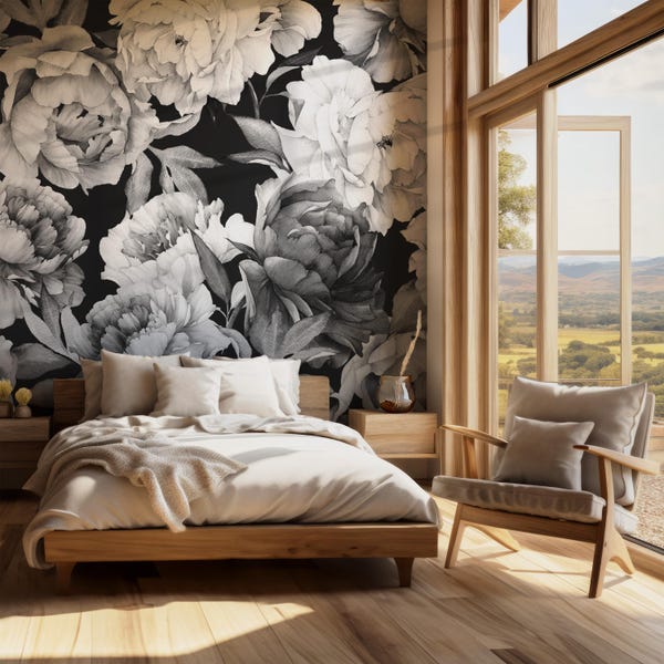 Peonías en blanco y negro, papel pintado autoadhesivo, mural floral acuarela removible, papel pintado floral oscuro, papel pintado para habitación infantil