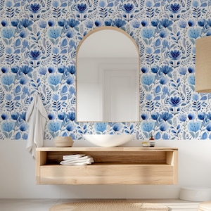 Blue Watercolor Flowers Background Floral Wall Decor Removable Wallpaper-Peel and Stick Wallpaper-Wall Mural- Self Adhesive Pre-Pasted
