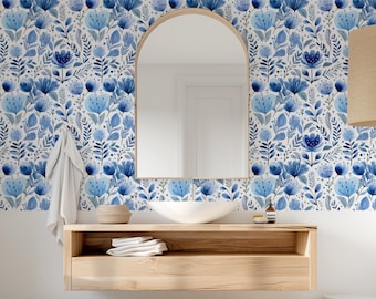 Blue Watercolor Flowers Background Floral Wall Decor Removable Wallpaper-Peel and Stick Wallpaper-Wall Mural- Self Adhesive Pre-Pasted