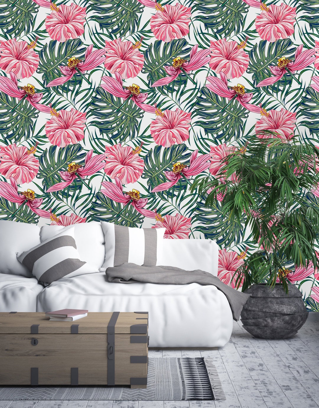 Palm Leaves and Pink Flowers Removable Wallpaperpeel and Stick