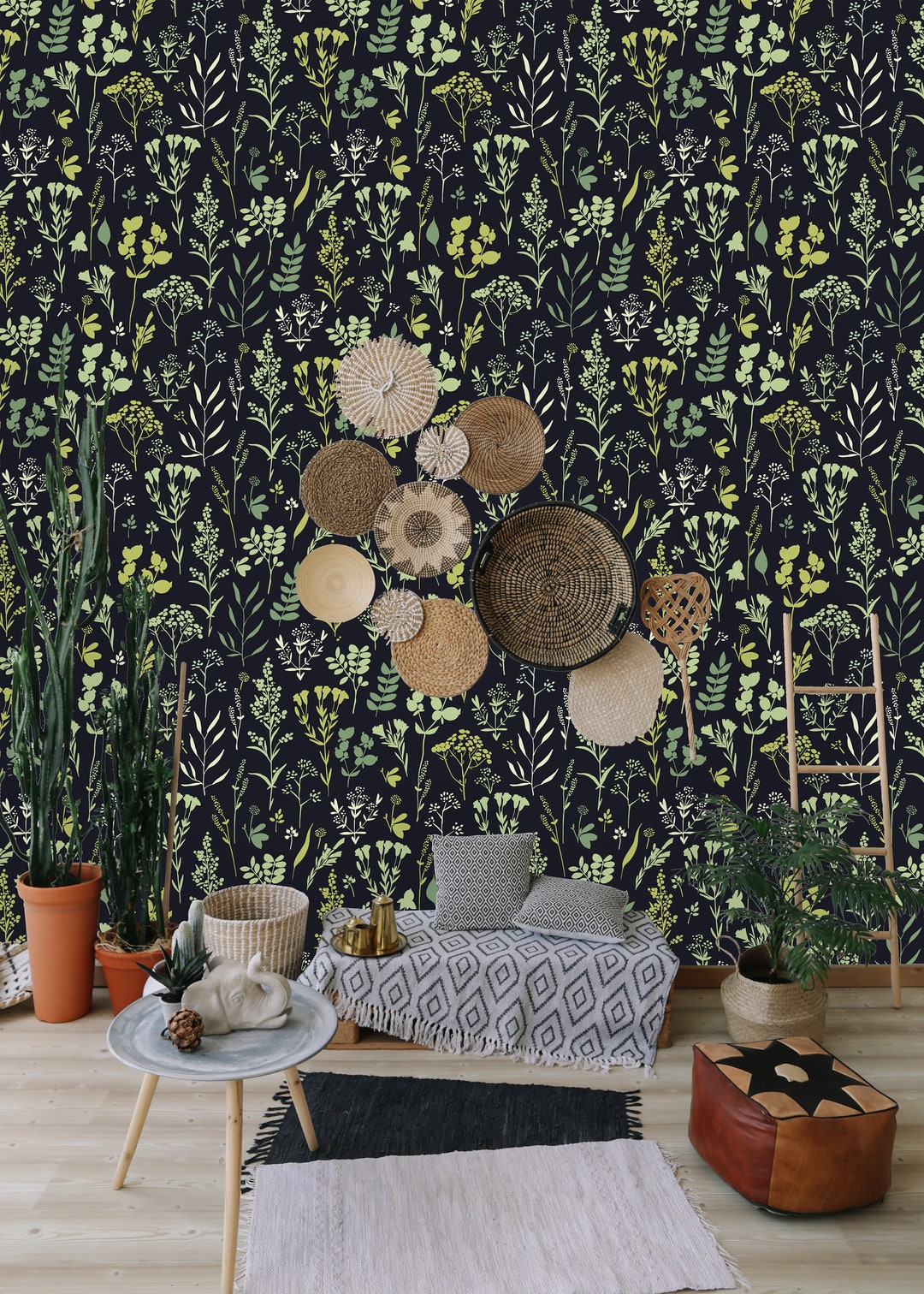 Herbs and Floral Motifs Removable Wallpaper-peel and Stick - Etsy Herbs and Floral Motifs Removable Wallpaper-peel and Stick - Etsy