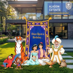 Könnte beinhalten: Aladdin-Themen-Ausschnitte mit Charakteren wie Jasmin, Aladdin, dem Dschinni und einem Tiger, vor einem blauen Teppich mit dem Text "Once Upon a Birthday...". Die Szene spielt auf einem grünen Rasen.