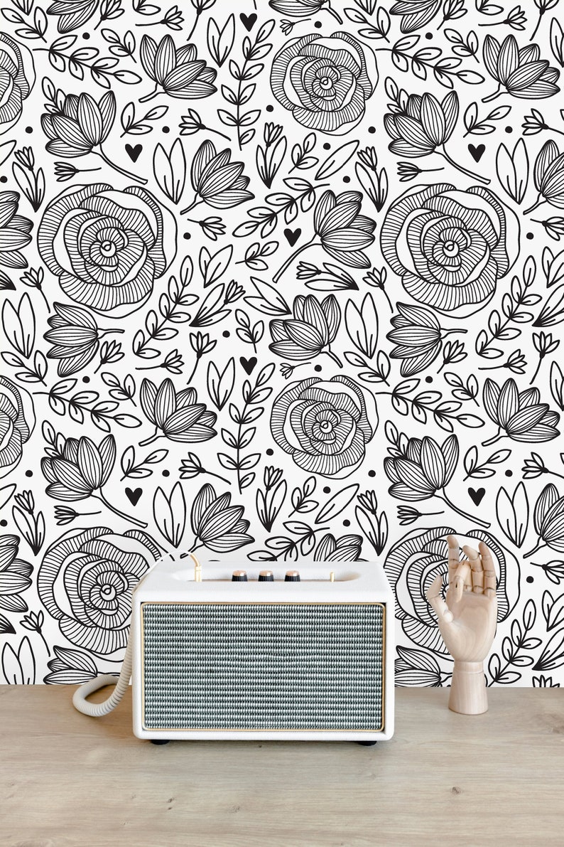 black and white floral peel and stick wallpaper