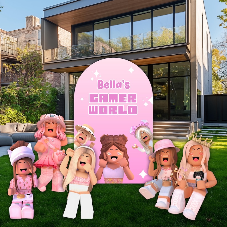 Rosa Roblox-flickor utklipp, trädgårdsskylt, födelsedagsdekoration, spelfestdekor, bakgrund, gräsmatteskylt bild 3