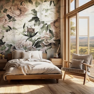 Vintage Roses and Peonies Peel and Stick Wallpaper, Removable Watercolor Floral Mural,Self Adhesive or Pre-Pasted Wallpaper,Pink Peony Mural