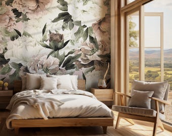 Vintage Roses and Peonies Peel and Stick Wallpaper, Removable Watercolor Floral Mural,Self Adhesive or Pre-Pasted Wallpaper,Pink Peony Mural