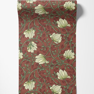 May include: A seamless pattern featuring white flowers with green leaves on a deep red background. The floral design is reminiscent of vintage wallpaper.