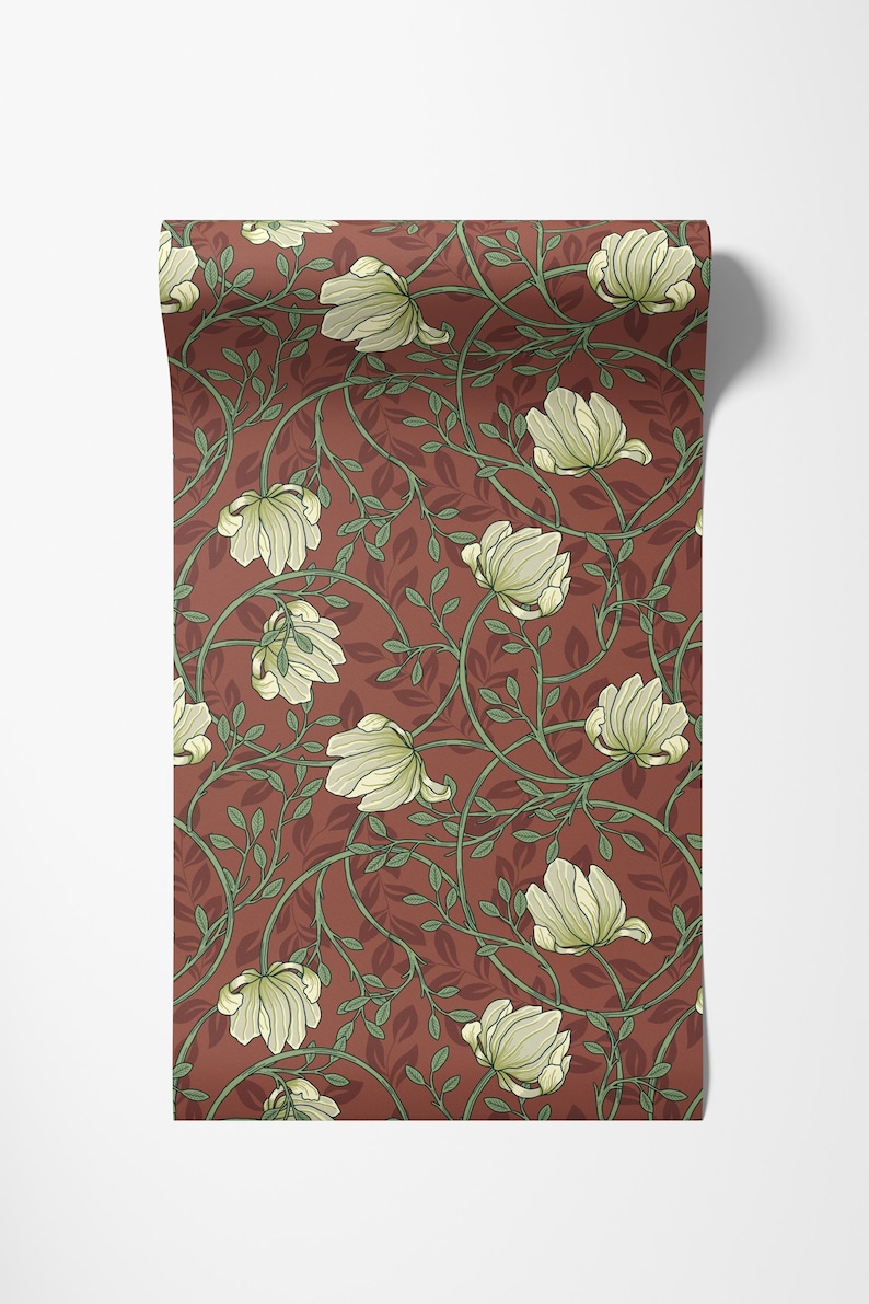 May include: A seamless pattern featuring white flowers with green leaves on a deep red background. The floral design is reminiscent of vintage wallpaper.