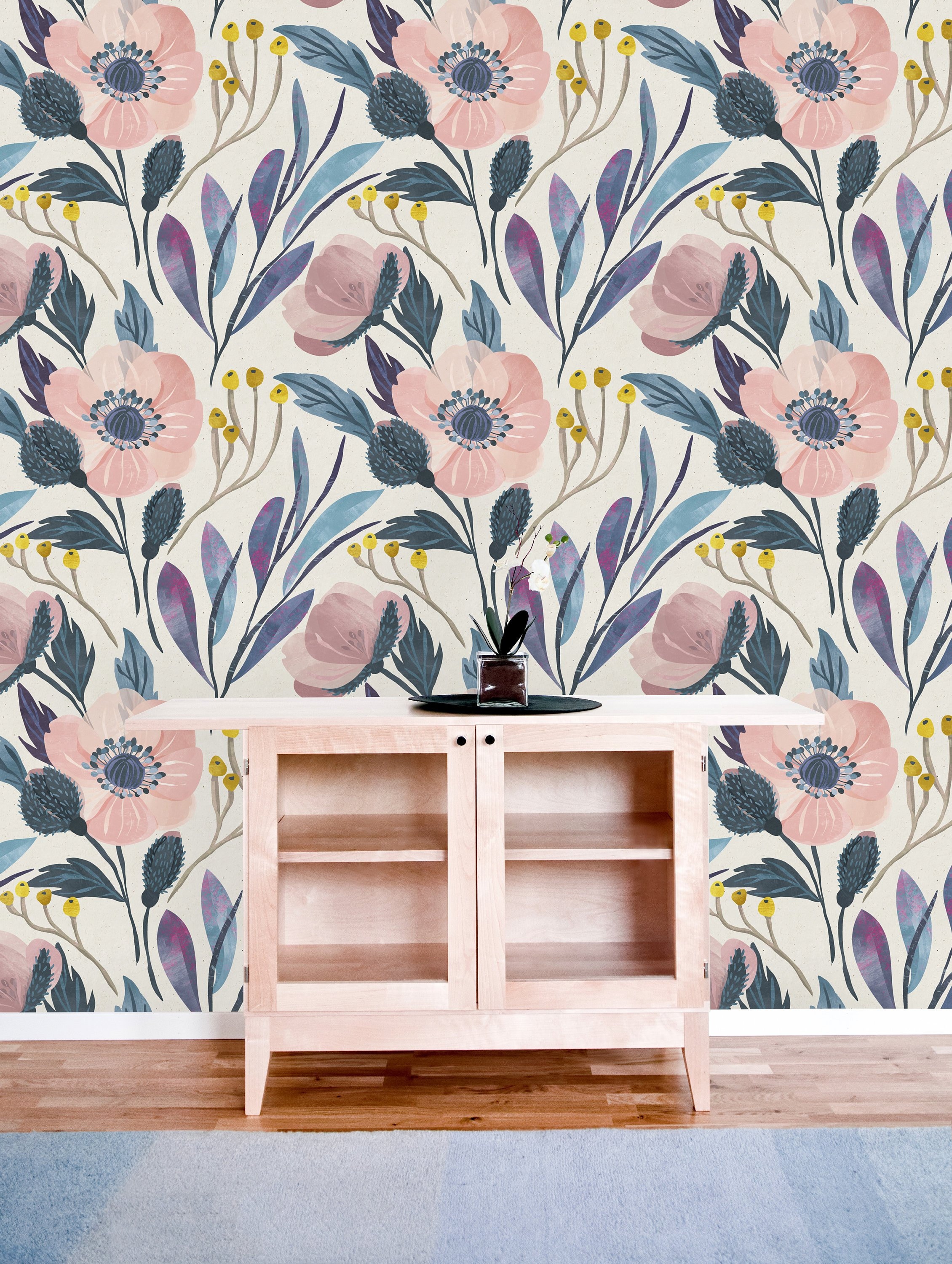 Vintage Pink Flowers Removable Wallpaper-Peel and Stick Wallpaper-Wall Mural- Self Adhesive Wallpaper Pre-Pasted Wallpaper,Nursery Wallpaper