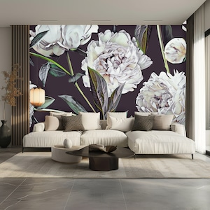 Peonías en blanco y negro, papel tapiz vintage despegable y pegable, mural floral de acuarela extraíble, papel tapiz de peonías grandes autoadhesivo preencolado
