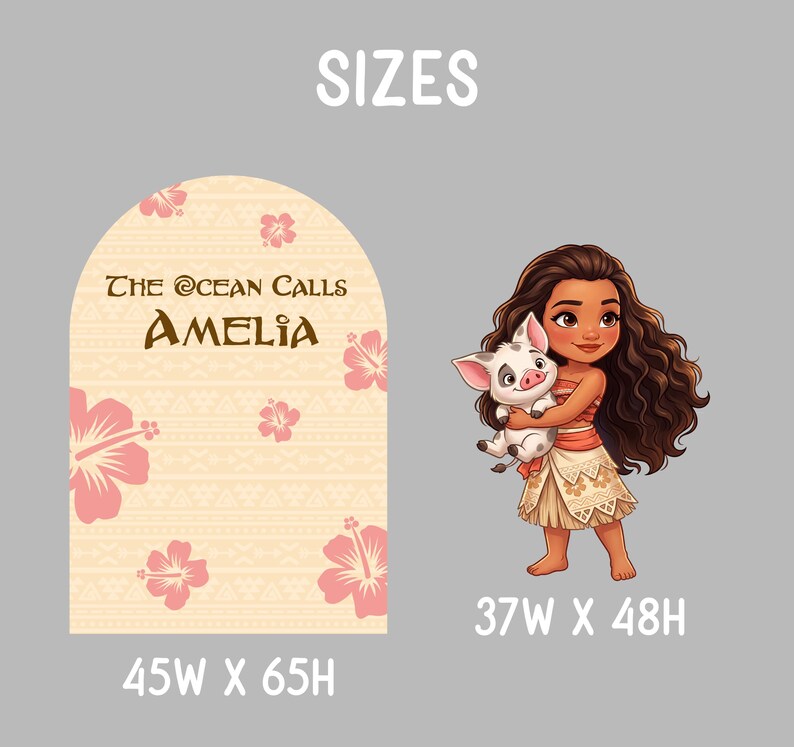 Peut inclure: Un panneau arqu&eacute; avec un fond beige clair, des fleurs d'hibiscus roses et le texte "THE OCEAN CALLS AMELIA" mesurant 45L x 65H, &agrave; c&ocirc;t&eacute; d'un personnage de dessin anim&eacute; aux longs cheveux bruns tenant un porcelet, mesurant 37L x 48H.