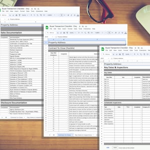 May include: A spreadsheet checklist for real estate buyers, with sections for sales documentation, disclosure documentation, contract to close checklist, and key dates and inspections. The spreadsheet is organized by steps after offer acceptance and includes columns for date, completed, and description.