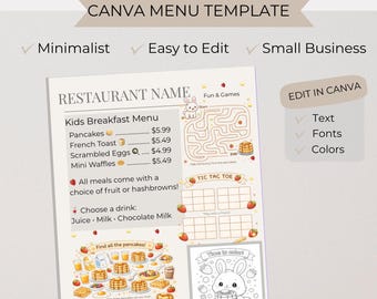 Plantilla de menú de desayuno infantil en Canva / Mantel individual editable para actividades infantiles / Menú de brunch infantil / Menú infantil imprimible / Hoja para colorear de juegos