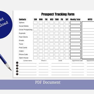 Puede incluir: Un formulario de seguimiento de prospectos imprimible en blanco y negro con columnas para contactos, días de la semana, total semanal y notas. El formulario incluye una sección para información de contacto, número de teléfono, correo electrónico, fecha de la cita y hora de la cita.