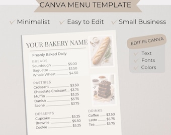 Plantilla editable de menú de panadería en Canva