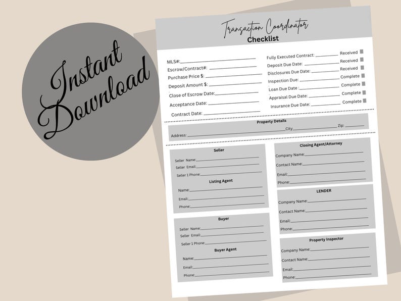 Transaction Coordinator Checklist - Etsy