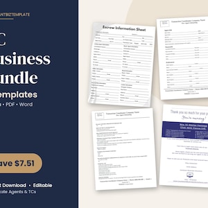 May include: A digital business bundle featuring six templates for real estate transaction coordinators. The set includes an Escrow Information Sheet, agent onboarding forms, and a thank you document, all presented in a clean, professional layout.