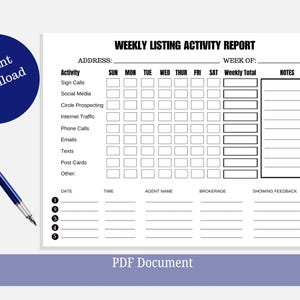May include: A black and white printable weekly listing activity report with columns for address, week of, activity, Sunday through Saturday, weekly total, and notes. The activity section includes sign calls, social media, circle prospecting, internet traffic, phone calls, emails, texts, post cards, and other. The bottom section includes columns for date, time, agent name, brokerage, and showing feedback.