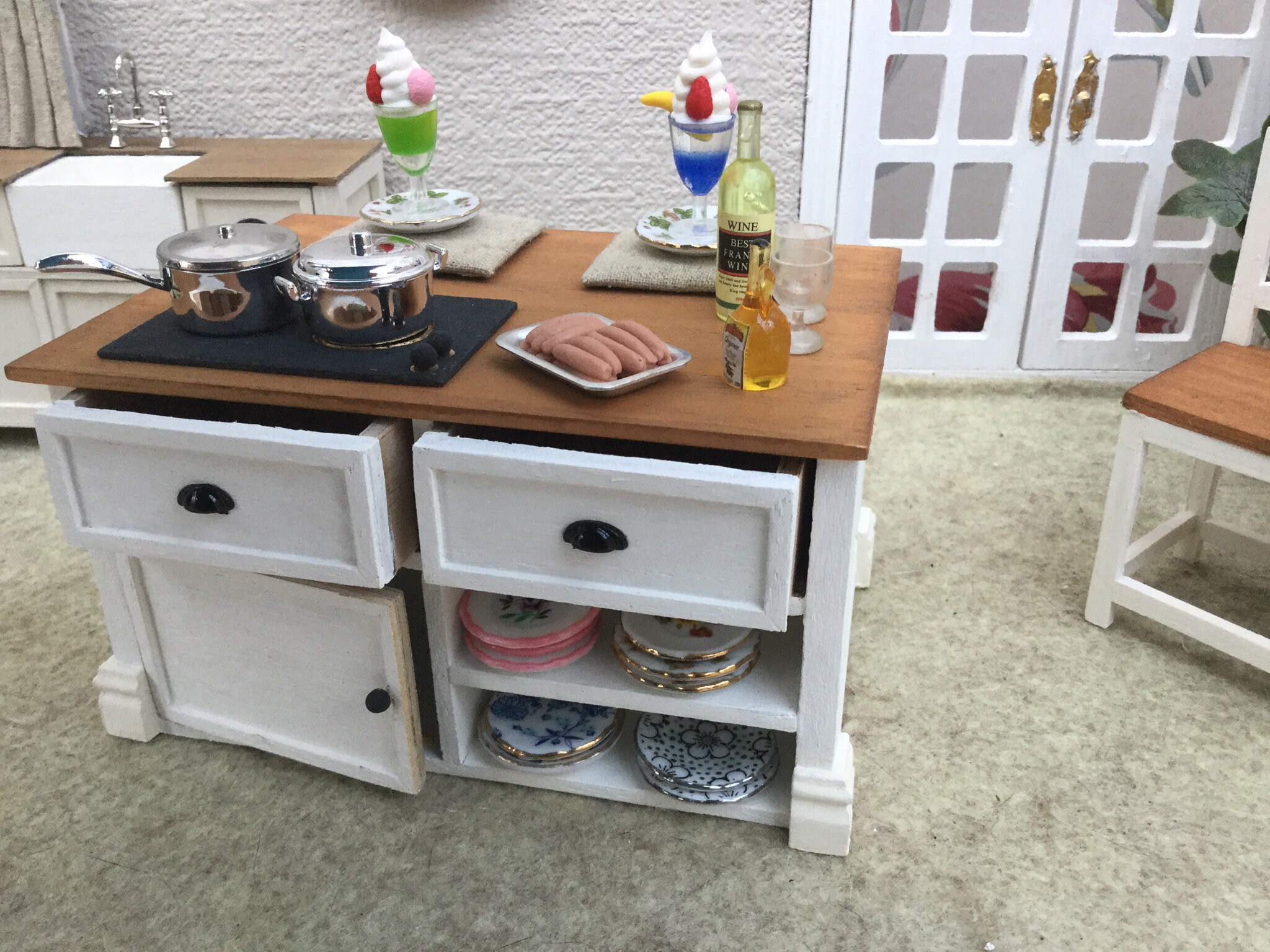 Dollhouse Kitchen Island With Hob And Two Bar Chairs All Etsy
