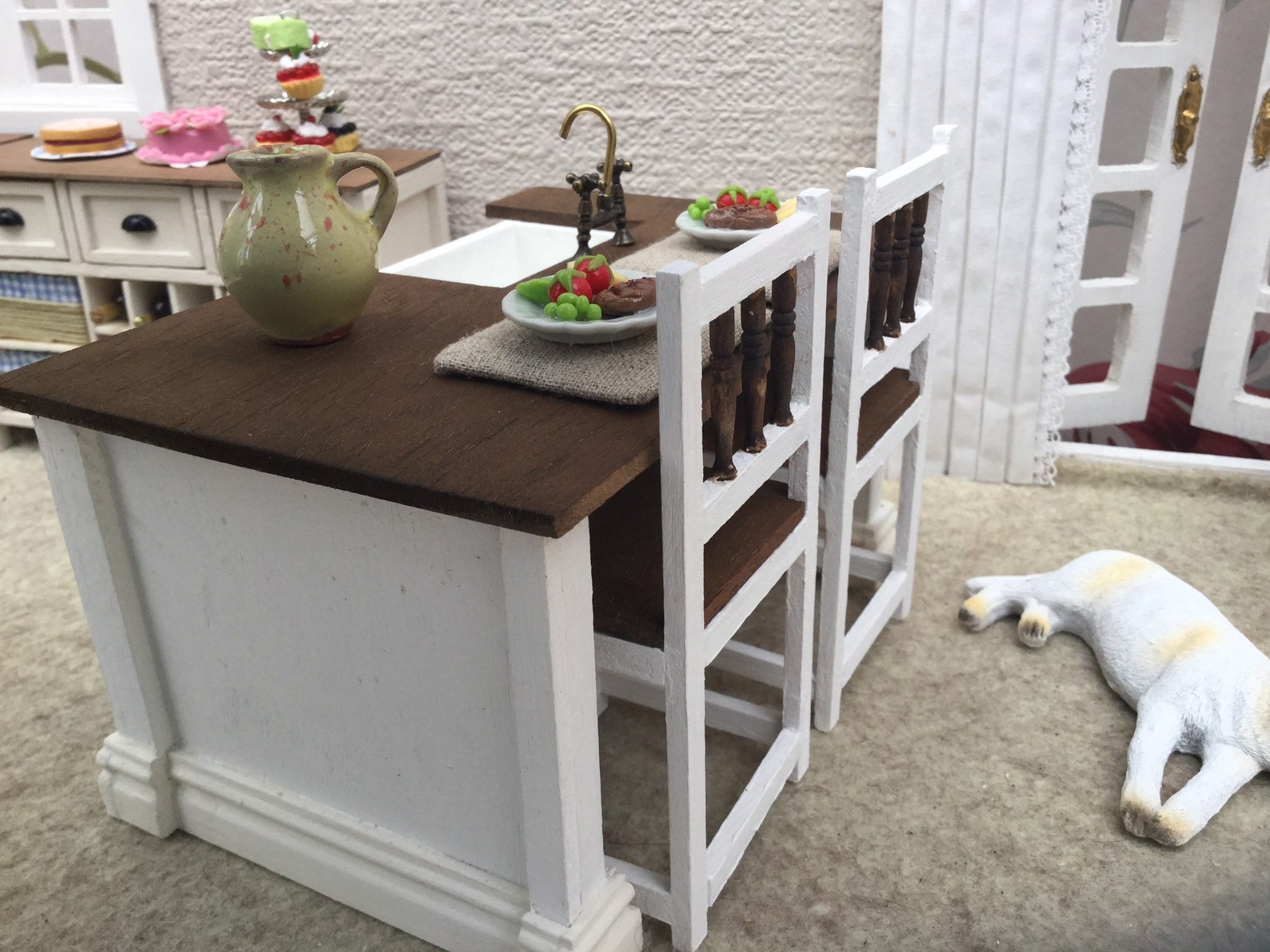 Dollhouse Kitchen Island With Sink And Two Bar Chairs Etsy