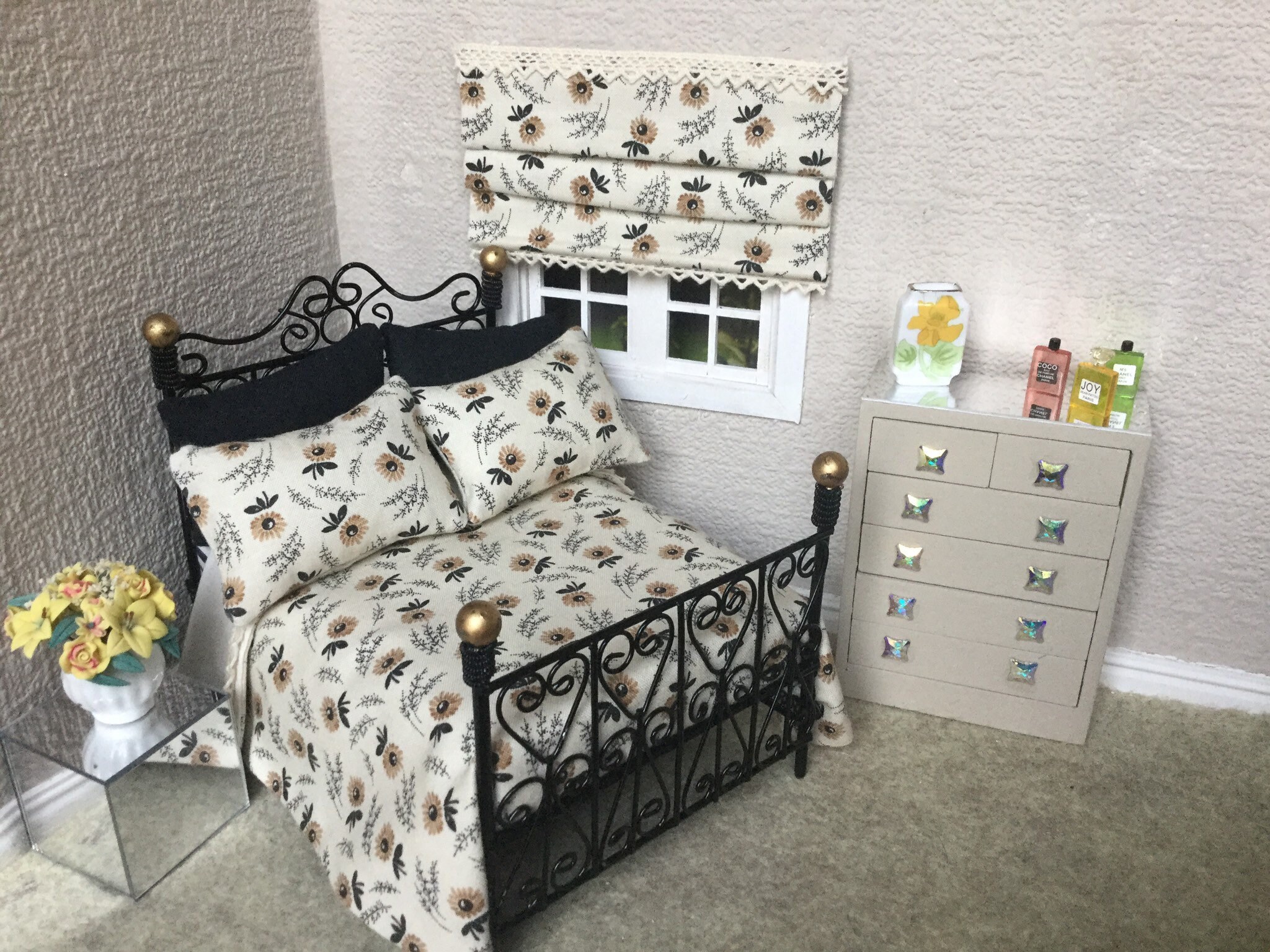 Dollhouse Bedding Set Cream and Black Flowers Shabby Chic Etsy