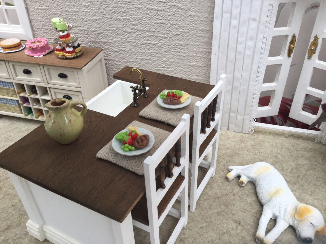 Dollhouse Kitchen Island With Sink And Two Bar Chairs Etsy
