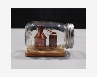 Tiny Copper Moonshine Liquor Still Replica Model Inside Small Glass Mason Jar, Distillery Art, Mantel Sculpture, Man Cave Sculpture