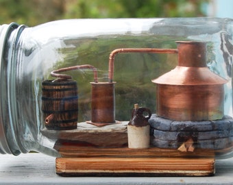 Small Copper Moonshine Liquor Still Replica Model Inside Glass Ball Mason Jar, Distillery Art, Mantel Sculpture, Man Cave Sculpture