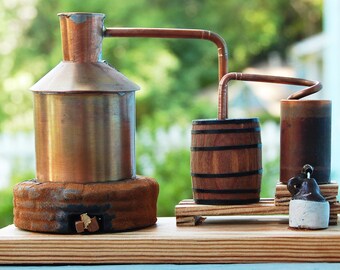 Small Copper Moonshine Liquor Still Replica Model on a Wood Base, Distillery Art, Mantel Sculpture, Man Cave Sculpture