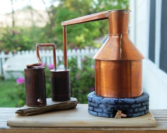 Small Copper Moonshine Liquor Still Replica Model on Wood Base, Distillery Art, Mantel Sculpture, Man Cave Sculpture