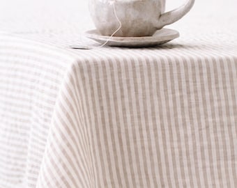 Striped Washed Linen Tablecloth, Custom Size Table Linen, Rustic Farmhouse Table Cover, Natural Softened Linen, Striped Dining Decor