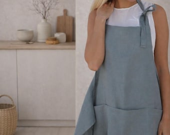 Stonewashed Linen Kitchen Apron with Pockets, Gray Blue Pinafore