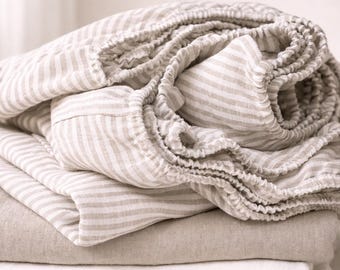 Stonewashed Linen Fitted Sheet – Striped Organic Linen Bedding | Soft Breathable Bed Sheet | Minimalist Home Decor | Custom Sizes