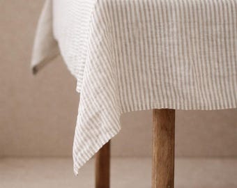 Striped Linen Tablecloth – Stonewashed 100% Pure European Linen | Handmade Table Decor - Natural Linen Table Cloth - Custom Size Linen Cloth