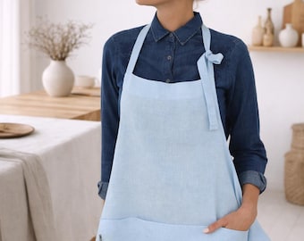 Blue Stonewashed Linen Apron – Unisex Linen Apron – Soft Washed Linen Kitchen Apron, Minimalist Cooking Apron, Gift for Food Lovers