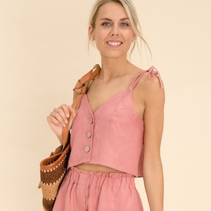 Elegant Linen Top in Woodrose. Linen Crop Top With Buttons. Linen Tank Top. Handmade Linen Clothes.