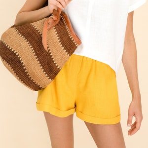 Natural Linen Shorts. Loose Linen Elastic Waist Shorts in Yellow. Summer Linen Shorts for Women Elastic Waist. Paper Bag Linen Shorts. image 1