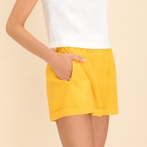 Natural Linen Shorts. Loose Linen Elastic Waist Shorts in Yellow. Summer Linen Shorts for Women Elastic Waist. Paper Bag Linen Shorts. image 2