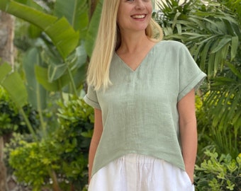 Mint Linen Blouse - Boxy V-Neck Top, Oversized Fit