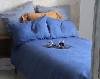 Blue Linen Bedding Set, Duvet Cover and Pillowcases, Stonewashed