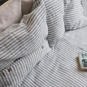 Blue striped linen bedding SET. Linen bedding. Linen duvet cover and 2 pillowcases.  Nautical Linen bedding. King, Queen linen bedding.