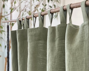 Tab Top Linen Curtain Panel -  Linen Window Treatments in MOSS GREEN - Custom Linen Curtains - Linen Drapes