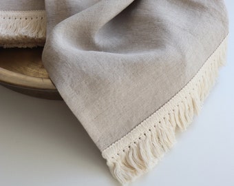 Bath towel - 100% linen bath towel - Towel with tassel fringe - Soft linen sauna towel - Beach natural linen towel