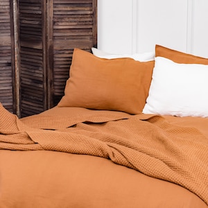 Linen throw in burnt orange. Waffle Linen throw blanket. Linen bedspread. image 1
