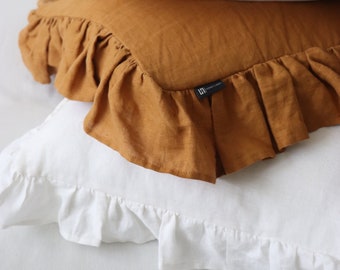 Linen pillowcase with ruffles. Linen pillow cover with envelope closure. Linen bedding of 100% European linen. Pure linen pillow case.