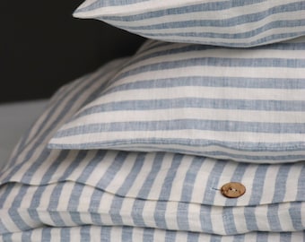 Blue Striped Linen Duvet Cover, Breathable 100% Linen, Handmade, Custom Size Bedding, Soft Washed Flax