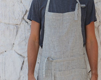 Striped linen apron / Washed traditional linen apron / Kitchen apron / Linen apron with pockets / Unisex linen apron.